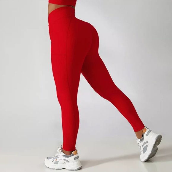 White Ribbed V line Pocket leggings high rise - Picture 4 of 16